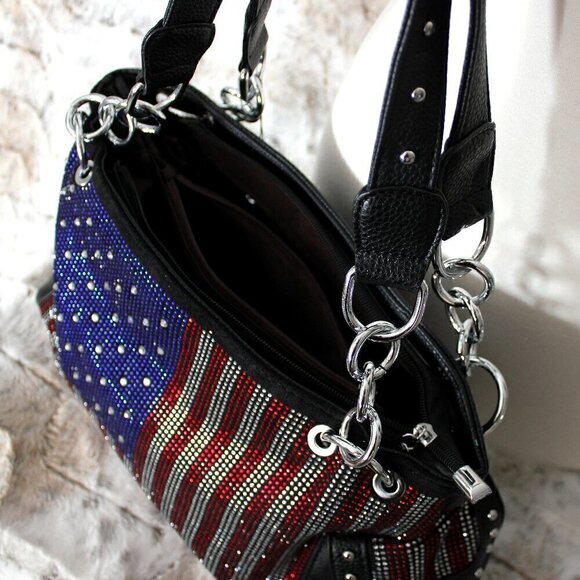 American Flag Red White Blue Rhinestone Bling Black Hobo Patriotic Handbag Bag - Picture 4 of 10